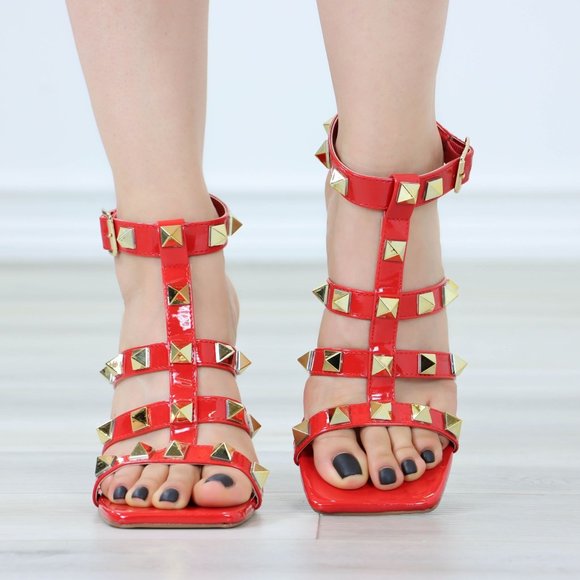 Red Patent Leather Ankle Strap High Heels Sandals Square toe and Gold Studs - Picture 9 of 14